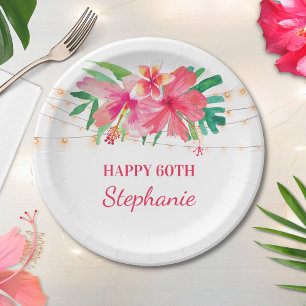 60th Birthday Tropical String Lights Hawaiian Paper Plate