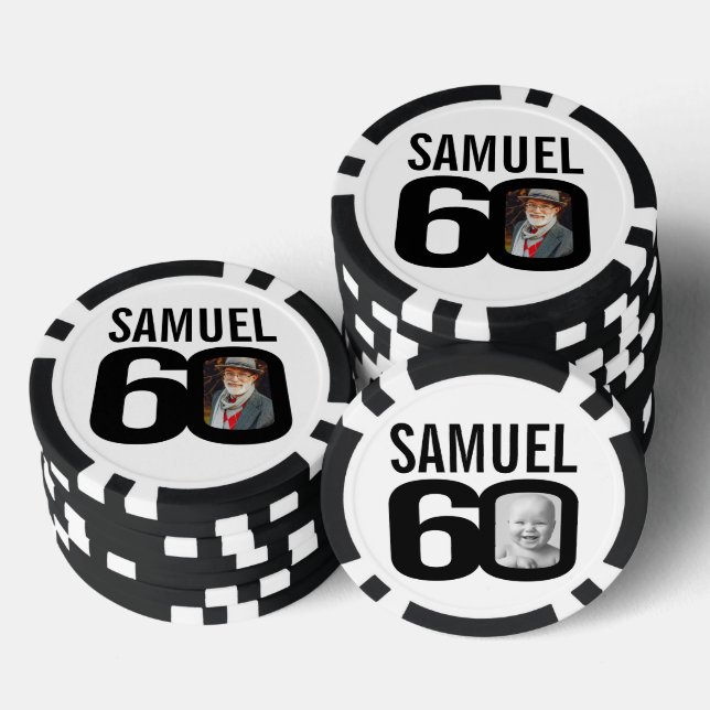60th birthday two custom photos black and white poker chips (Stack)