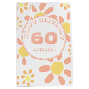 60th Birthday Watercolor Flower Floral Pattern Medium Gift Bag