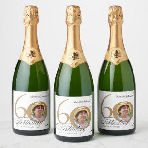 60th Birthday White Gold Calligraphy Custom Photo Sparkling Wine Label