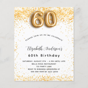60th birthday white gold glitter budget invitation flyer