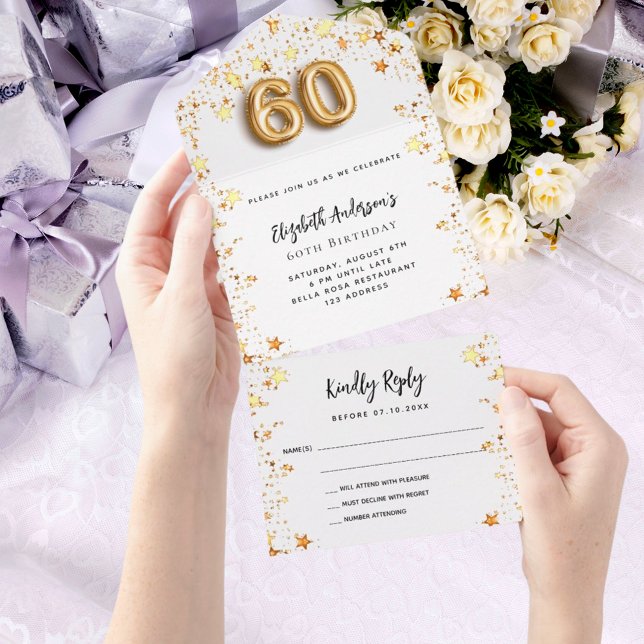 60th birthday white gold stars party RSVP All In One Invitation (Creator Uploaded)