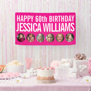 60th Birthday white pink six photo circles Banner
