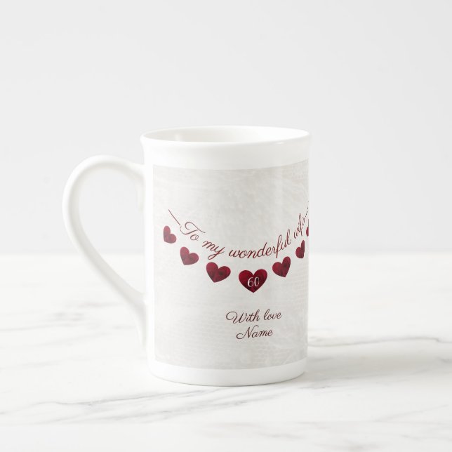 60th birthday wife romantic heart bunting bone china mug (Left)