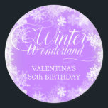 60th Birthday Winter Wonderland Snowflake Favour Classic Round Sticker<br><div class="desc">Elegant winter wonderland 60th birthday invitation features beautiful calligraphy surrounded by a lush snowflake and snow border. The snowflakes pop against the pretty soft purple background. You can actually change the background colour to any colour. Winter Wonderland can't be changed, but all of the remaining text can be edited. This...</div>