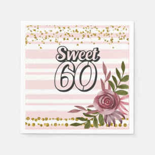 60th Birthday with flower frame pink sweet 60  Napkin
