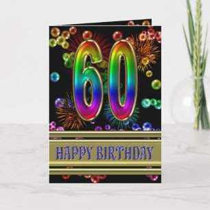 60th Birthday with rainbow bubbles and fireworks Card