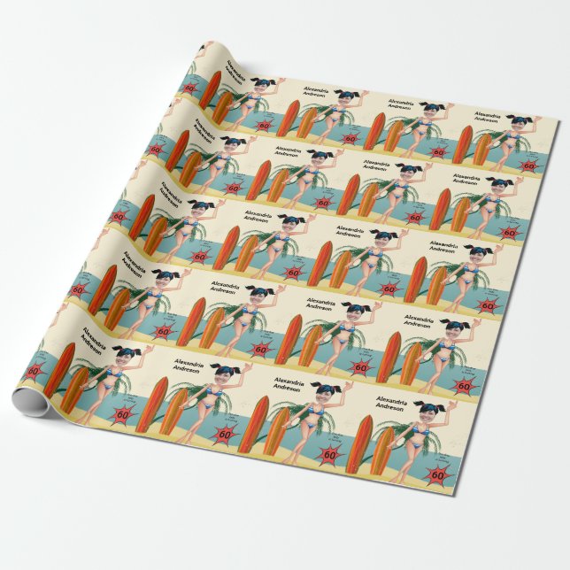 60th Birthday Womens New Funny Beach Bikini  Wrapping Paper (Unrolled)