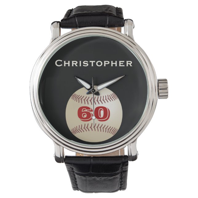 60th Birthday Wrist Watch, Personalized, Baseball Watch (Front)