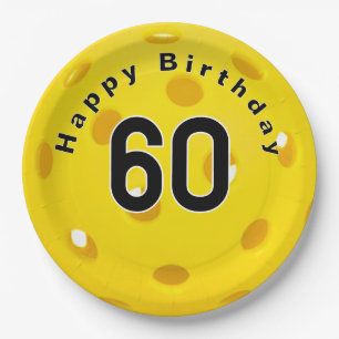 60th Birthday Yellow Pickleball Paper Plate