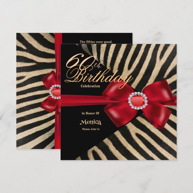 60th Birthday Zebra Red Bow & Diamonds  Invitation (Front/Back)