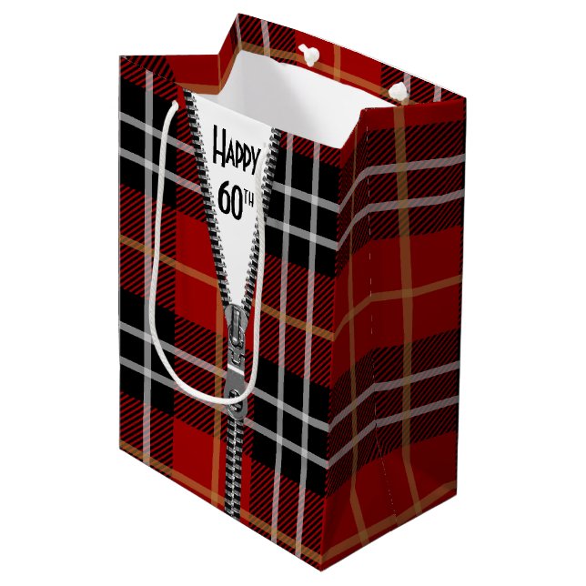 60th Birthday Zipper On Tartan Plaid Medium Gift Bag (Front Angled)