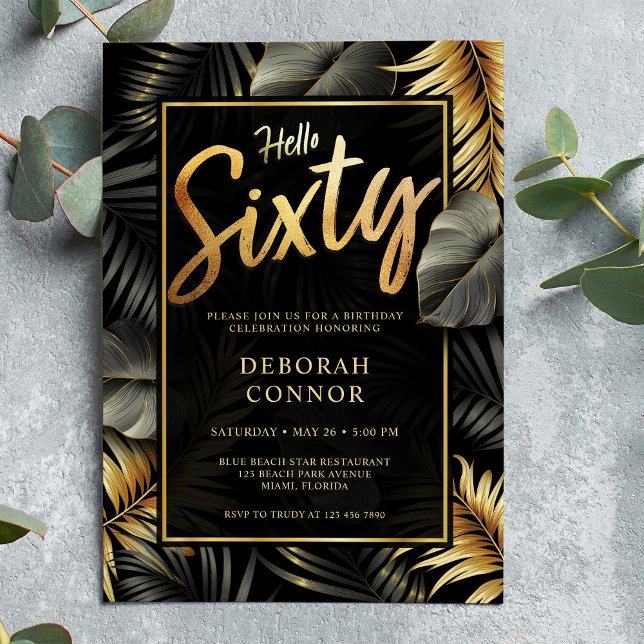 60th Black and Gold Tropical Leaves Sixty Birthday Invitation (Creator Uploaded)