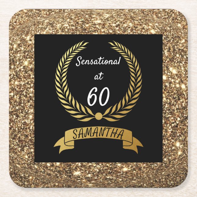 60th Black Gold Glitter Elegant Birthday Party Square Paper Coaster (Front)