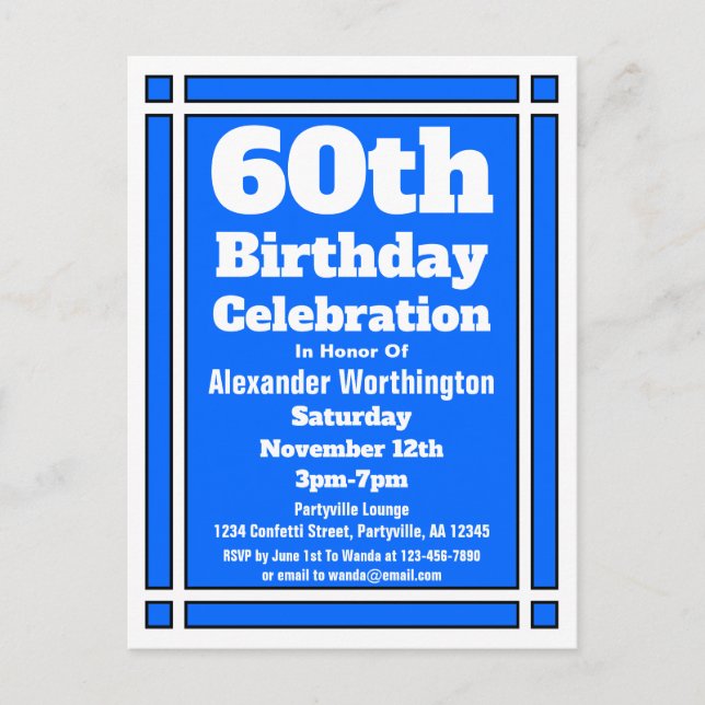 60th Blue Geometric Birthday Invite Postcard (Front)