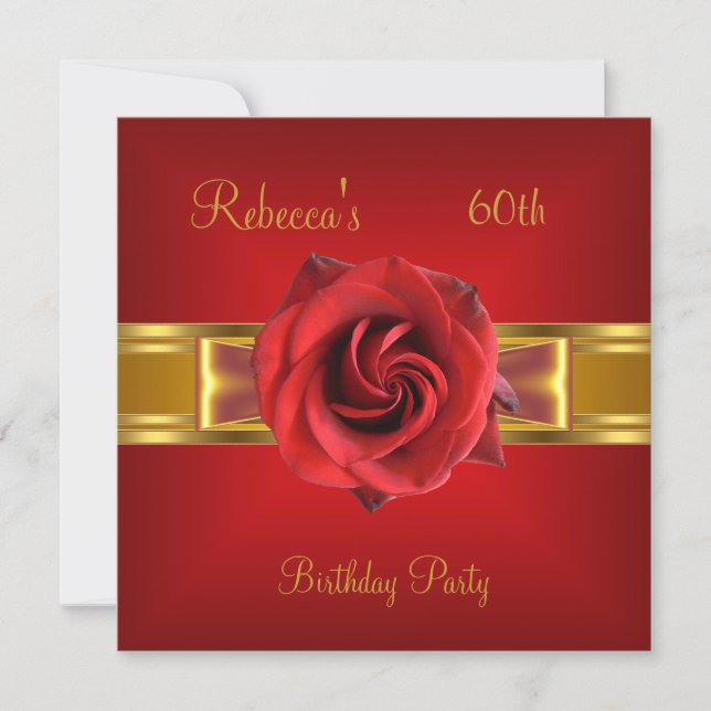 60th Colourful Royal Red Flower Yellow Gold Bow Invitation (Front)