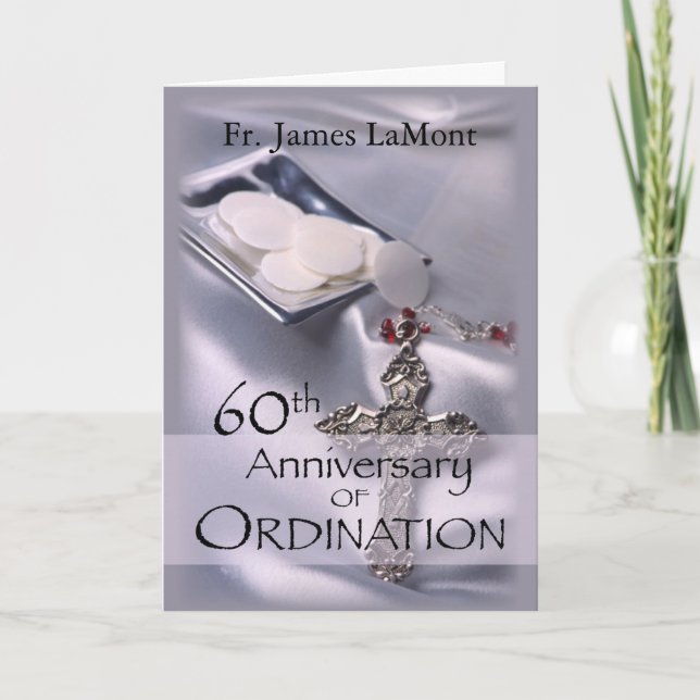 60th Custom Name Ordination Anniversary Silver Cha Card (Front)