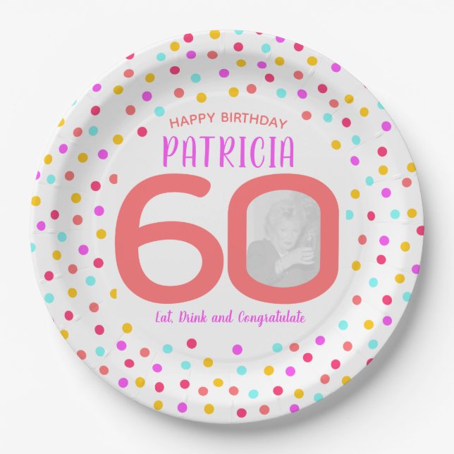 60th custom photo colourful coral confetti birthda paper plate (Front)