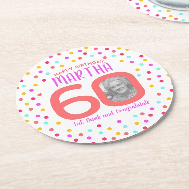 60th custom photo colourful coral confetti birthda round paper coaster (Angled)