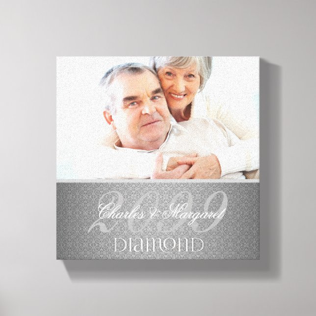 60th Diamond Anniversary Silver Damask 8x8 Photo Canvas Print (Front)