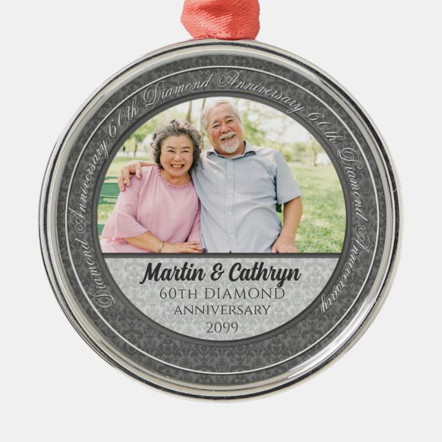 60th Diamond Anniversary Silver Damask Photo Metal Ornament (Front)