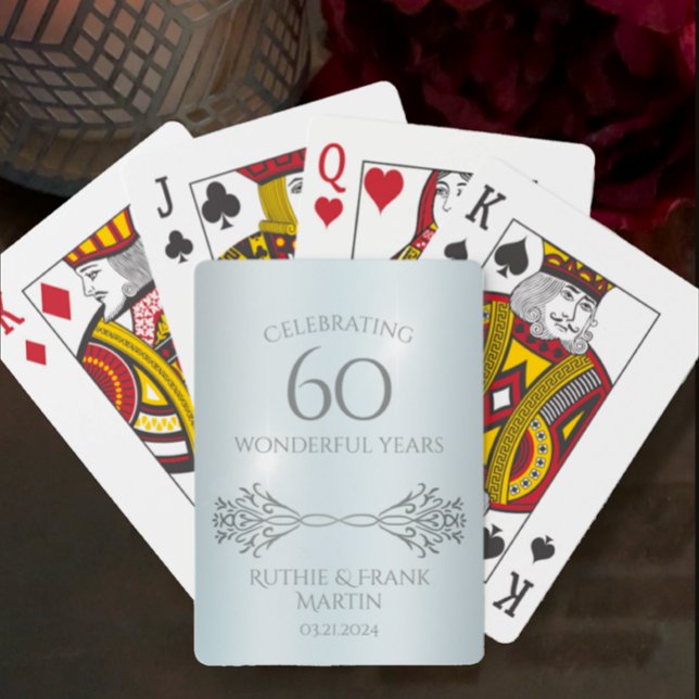 60th Diamond Anniversary Stylish Personalized Gift Playing Cards (Unique, elegant, playing cards with personalized couple name and 60th anniversary date for keepsake.)