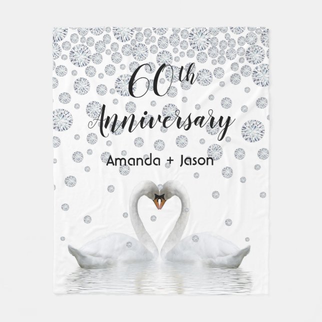 60th diamond anniversary white swans in love fleece blanket (Front)