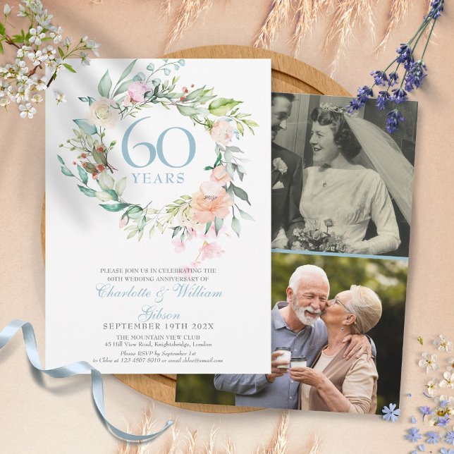 60th Diamond Wedding Anniversary Floral 2 Photo Invitation (Creator Uploaded)