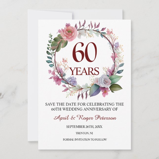 60th Diamond Wedding Anniversary Floral Save The Date (Front)