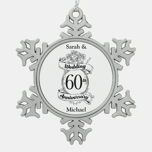 60th Diamond Wedding Anniversary Flowers Snowflake Pewter Christmas Ornament (Front)