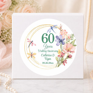 60th Diamond Wedding Anniversary Gold Frame Floral Classic Round Sticker