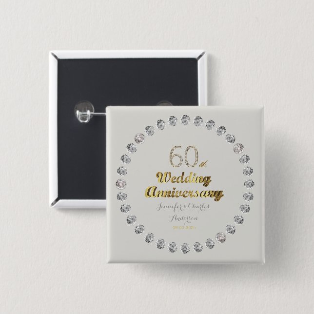 60th Diamond Wedding Anniversary Gold Typography 2 Inch Square Button (Front & Back)