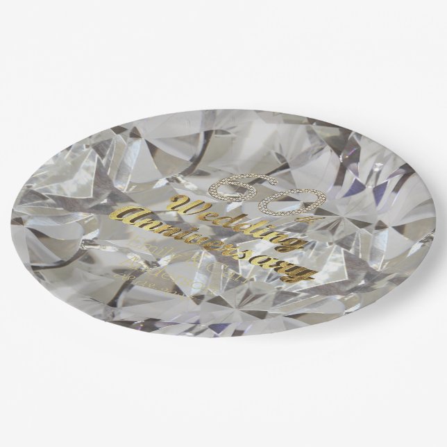 60th Diamond Wedding Anniversary Gold Typography Paper Plate (Angled)