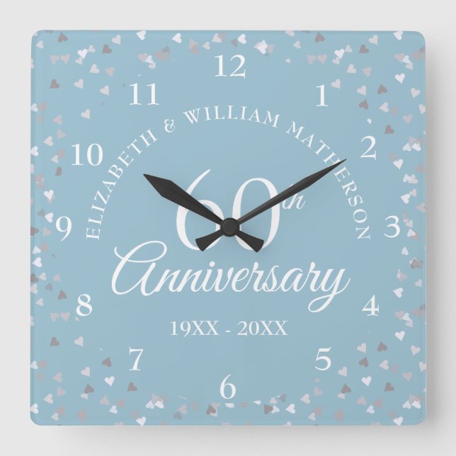 60th Diamond Wedding Anniversary Hearts Confetti Square Wall Clock (Front)