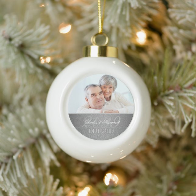 60th Diamond Wedding Anniversary Photo Ceramic Ball Christmas Ornament (Tree)