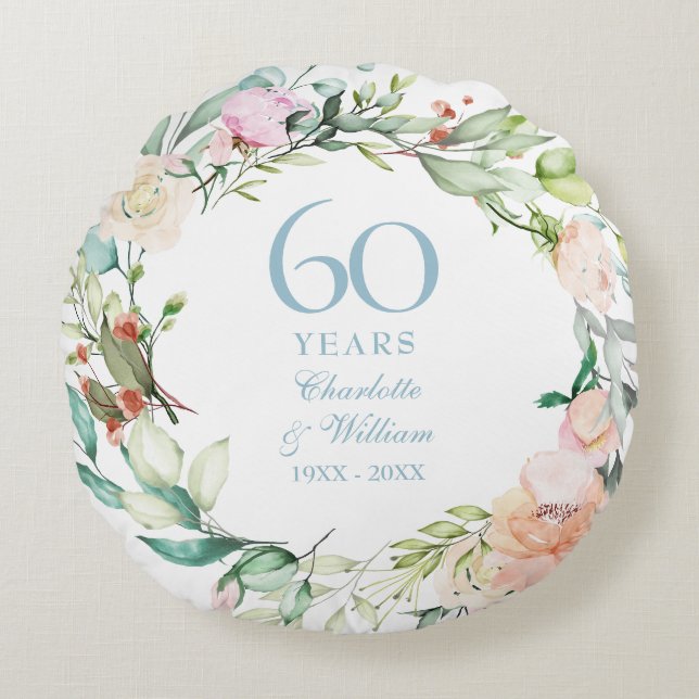 60th Diamond Wedding Anniversary Photo Floral Round Pillow (Front)