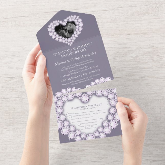60th diamond wedding anniversary photo grey all in one invitation (Tearaway)