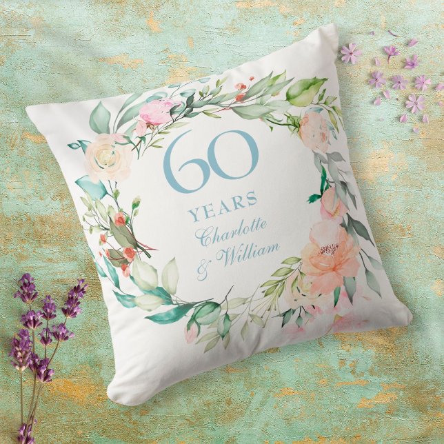 60th Diamond Wedding Anniversary Roses Floral Throw Pillow (Creator Uploaded)