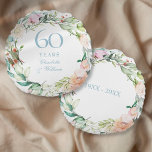 60th Diamond Wedding Anniversary Roses Garland  Round Pillow<br><div class="desc">Featuring a delicate watercolour floral garland,  this chic botanical 60th wedding anniversary keepsake pillow can be personalised with your special anniversary information in elegant diamond blue text. Designed by Thisisnotme©</div>