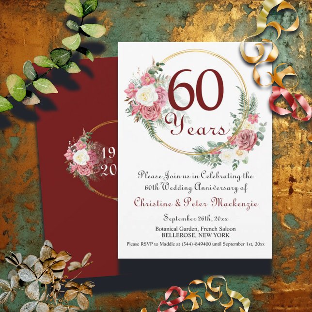 60th Diamond Wedding Anniversary Roses Gold Frame Invitation (Creator Uploaded)