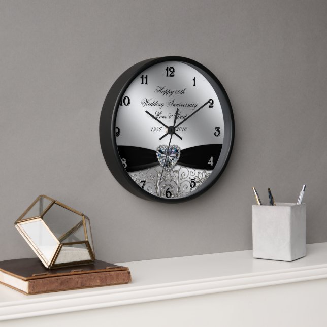 60th Diamond Wedding Anniversary Round Wall Clock (Office)