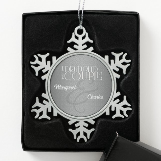 60th Diamond Wedding Annivsersary Silver Photo Snowflake Pewter Christmas Ornament (Box)