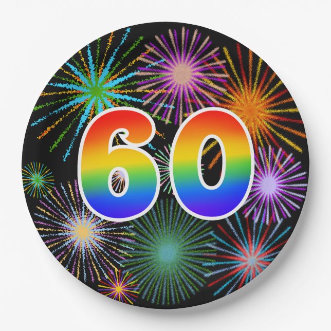 60th Event - Fun, Colourful, Bold, Rainbow 60 Paper Plate (Front)