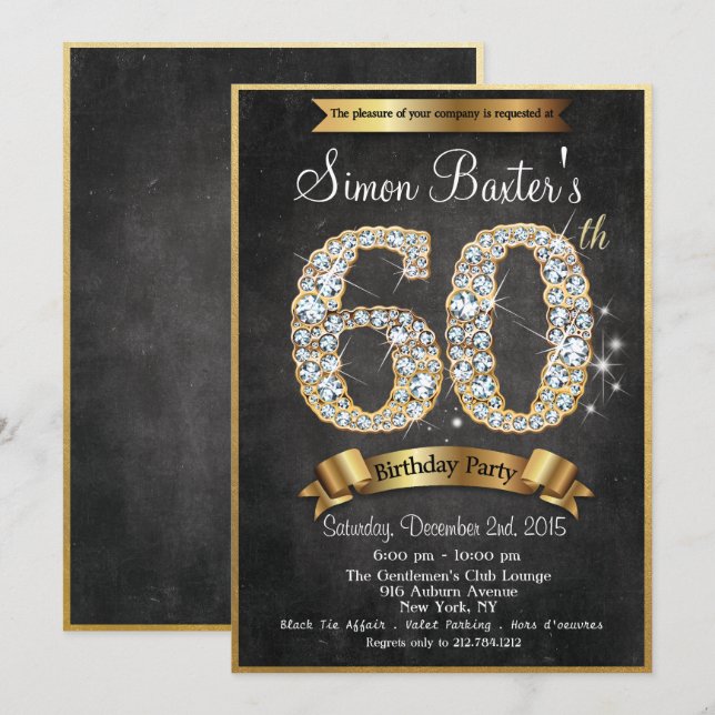 60th Gold Diamond Chalkboard Birthday Invitation (Front/Back)