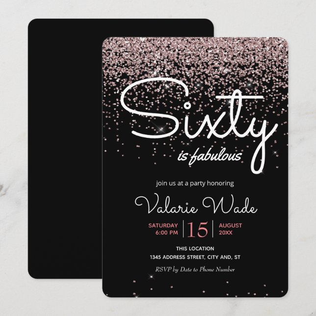60th Is Fabulous Birthday Party Pink Glitter Invitation (Front/Back)
