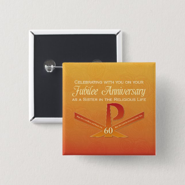 60th Jubilee Anniversary Nun Pax Cross, Orange 2 Inch Square Button (Front & Back)