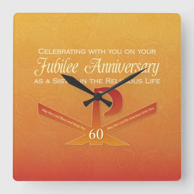 60th Jubilee Anniversary Nun Pax Cross, Orange Square Wall Clock (Front)