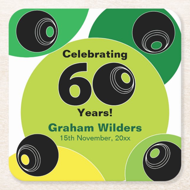 60th Lawn Bowls Barefoot Bowling Birthday Party Square Paper Coaster (Front)