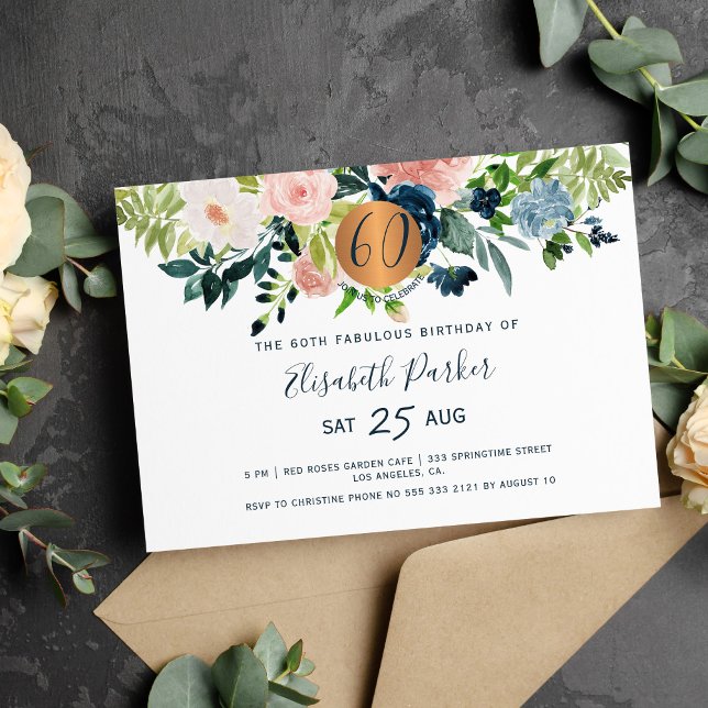 60th Modern navy flowers watercolor birthday party Invitation (Creator Uploaded)