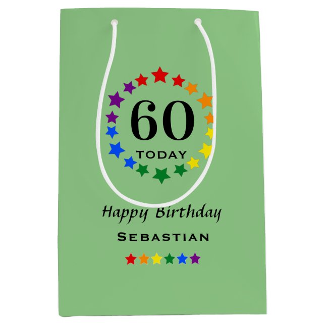 60th or Any Age Birthday LGBTQ Pride Theme Stars Medium Gift Bag (Front)